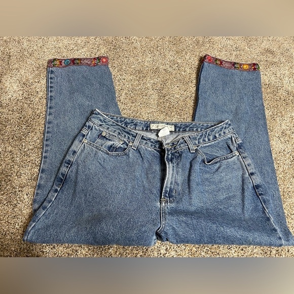 VINTAGE Z Cavaricci Pants Women 32 Blue Beaded Floral Hem Y2K Cotton - Picture 1 of 8